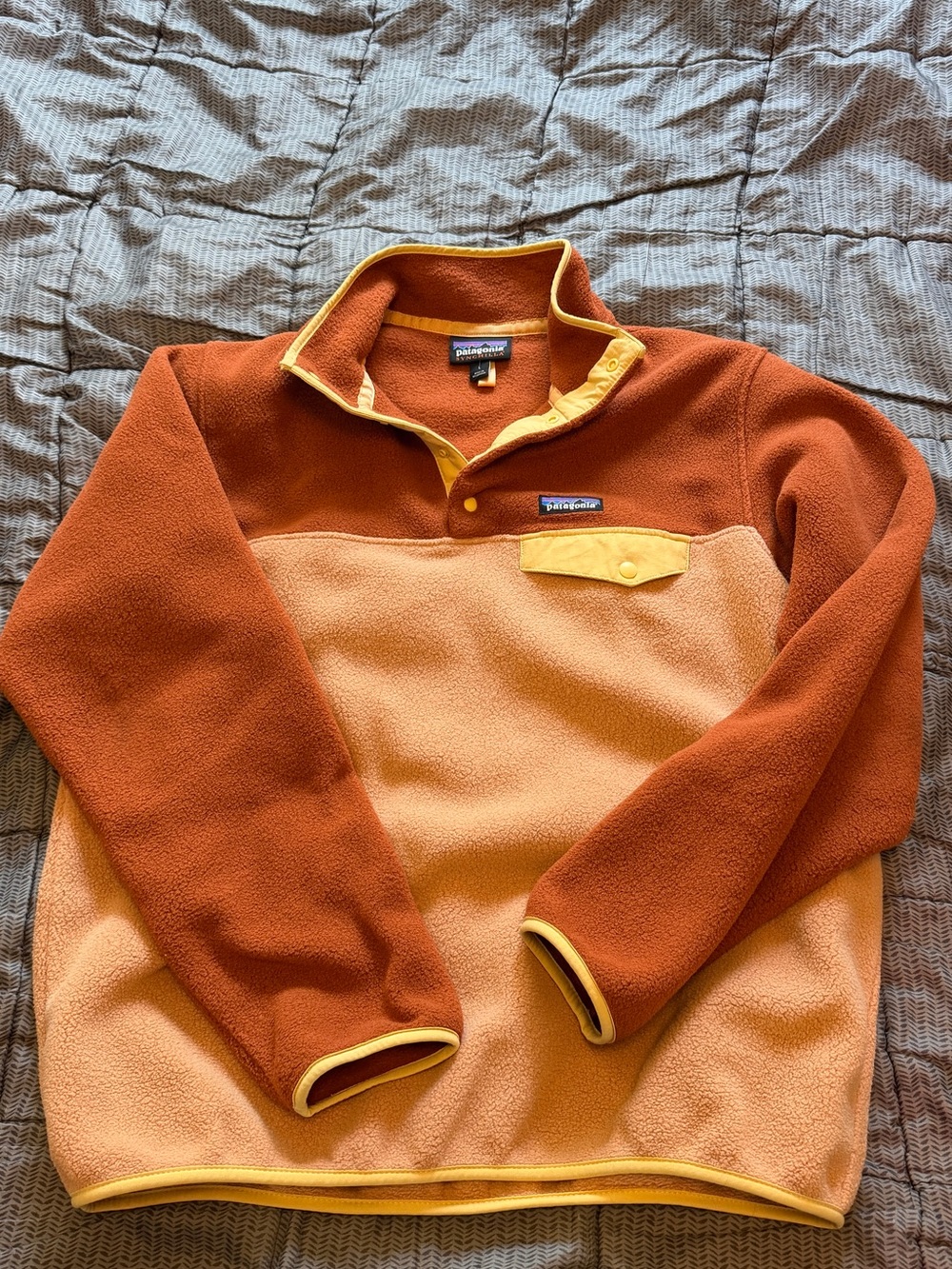 Patagonia Synchilla Two-Tone Rust and Peach Fleece Snap Pullover, Yellow Trim
